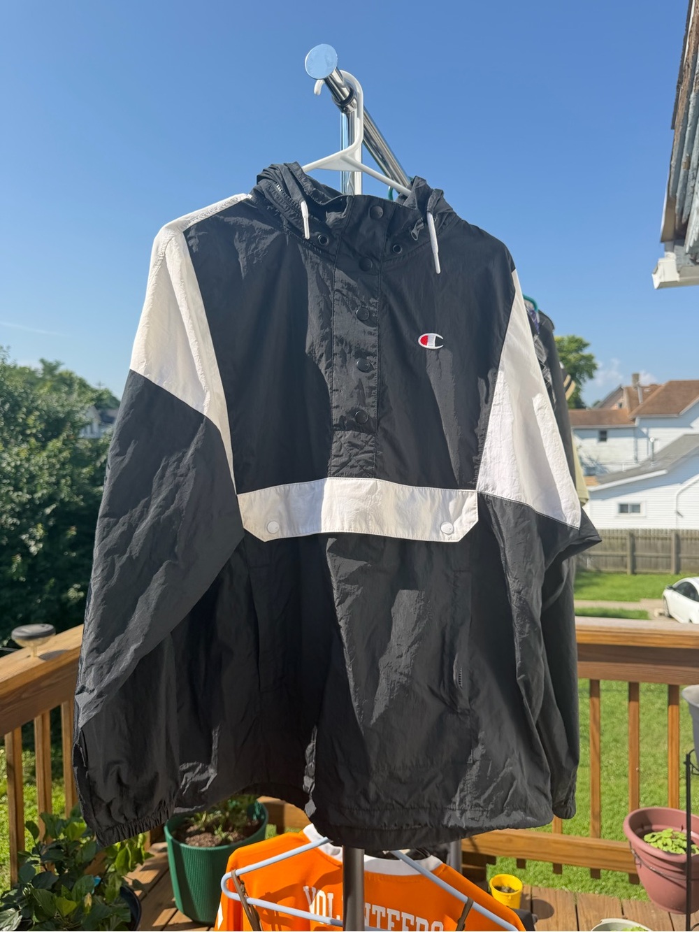 Champion Black Hooded Windbreaker with White Trim and Red Logo